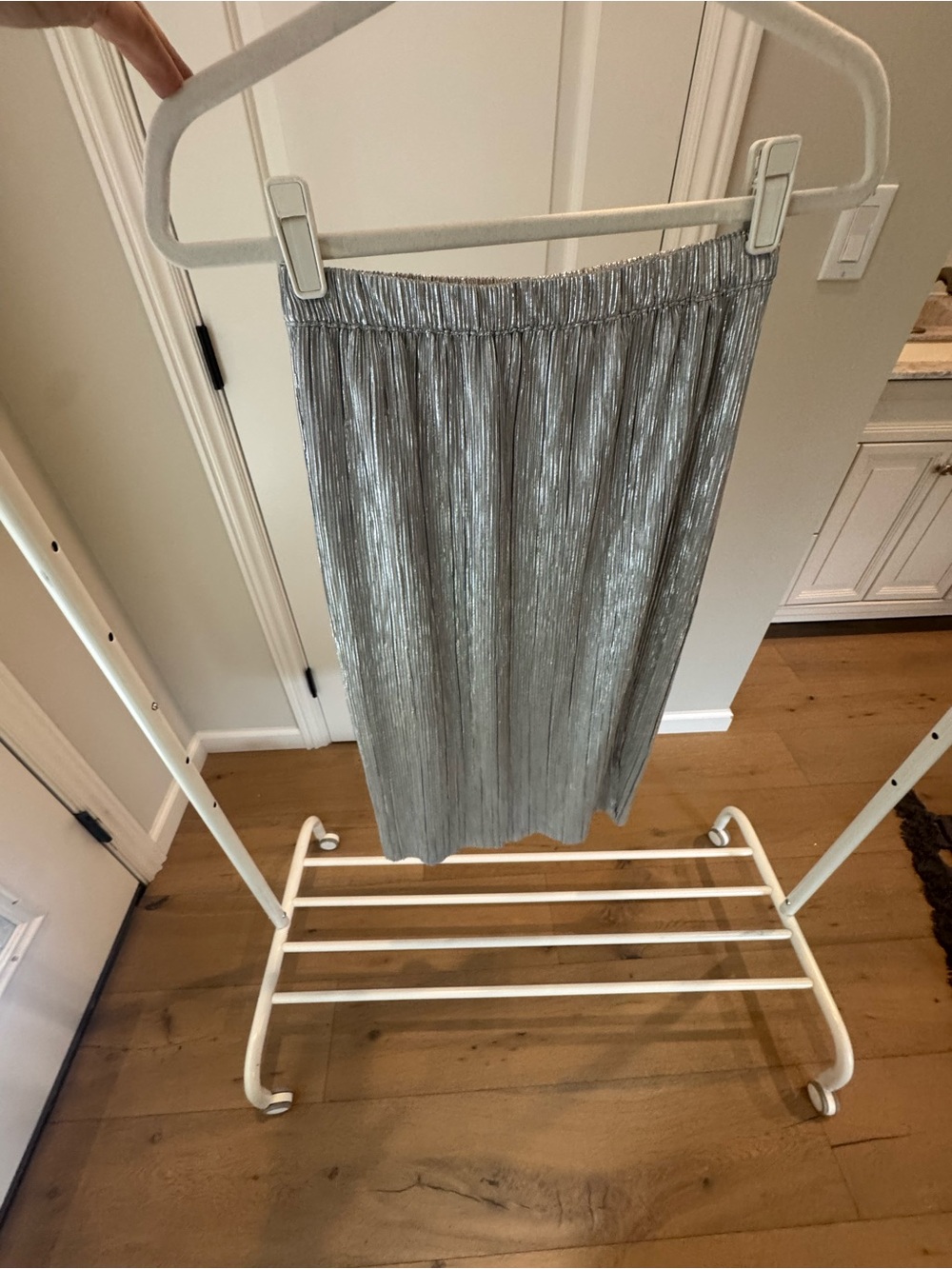OAK + FORT Metallic Silver Pleated Midi Skirt